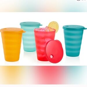 Tupperware Impressions 16 oz Tumblers Set w straw hole seal/lids NEW